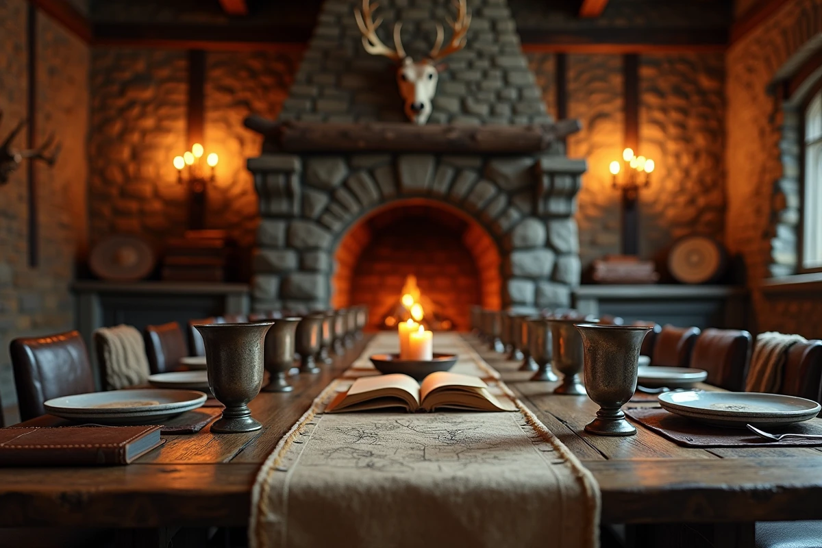 Intérieur rustique d'un manoir viking avec cheminée en pierre, bois de cerf et table de festin médiévale inspirée du manoir de Skyrim