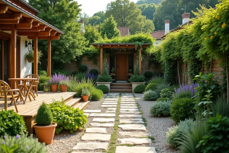 Vue d'ensemble d'un jardin résidentiel aménagé avec pergola, terrasse en bois, bassin et allées paysagées