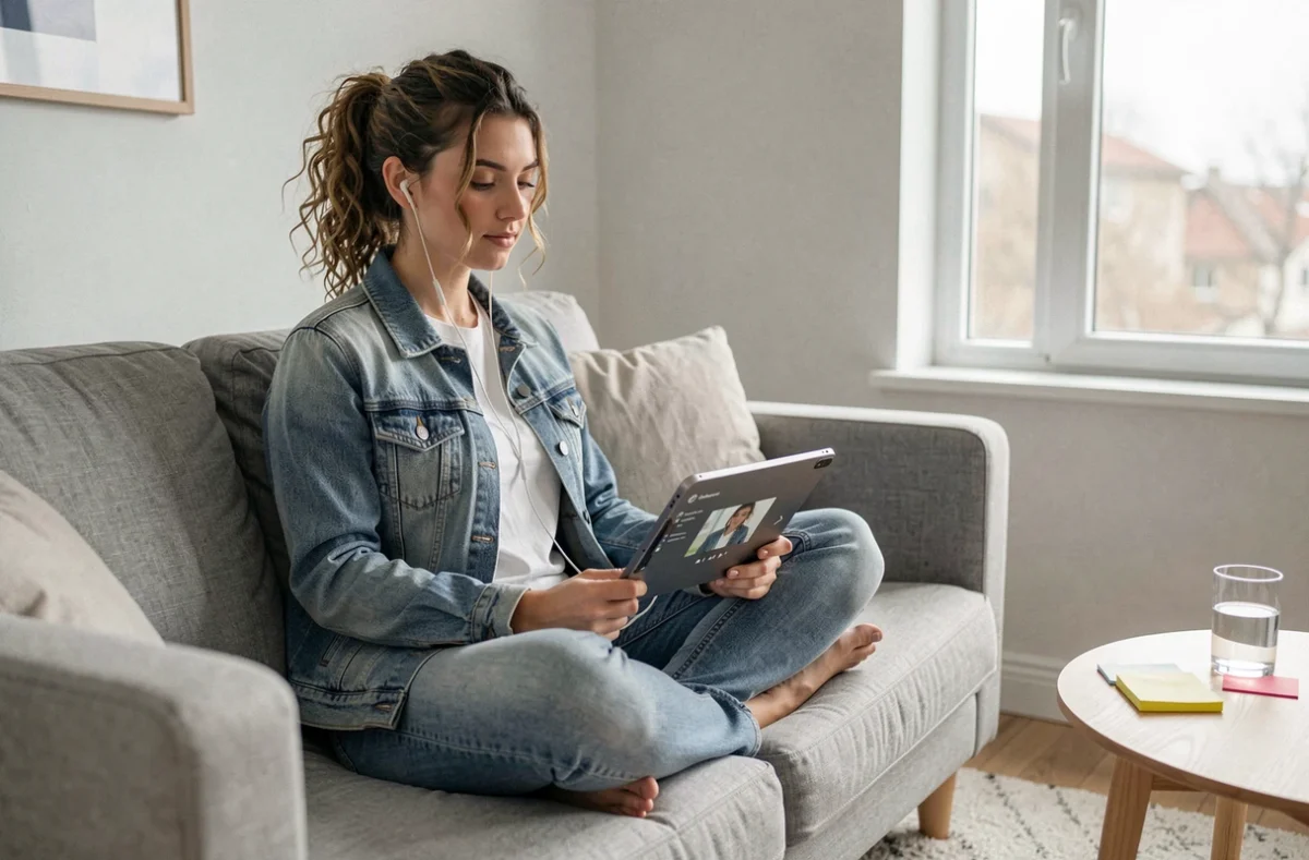 Jeune femme suivant une leçon vidéo en ligne sur une tablette, assise confortablement sur un canapé dans un salon minimaliste et lumineux
