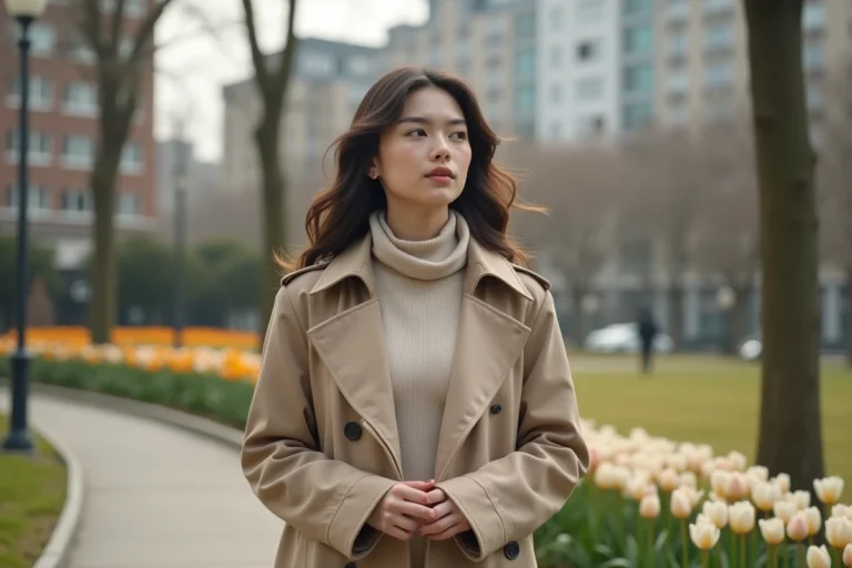 Jeune femme en trench beige dans un parc urbain au printemps