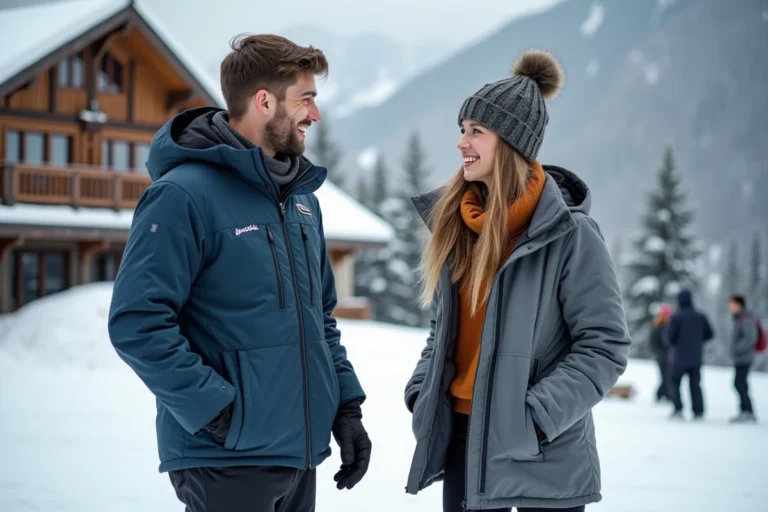 Jeune homme et femme discutant en ski alpin en montagne