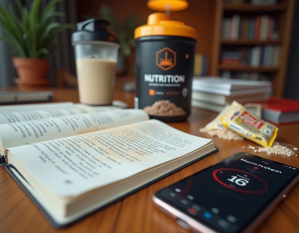 Bureau avec journal nutritionnel, shaker de protéines et application de suivi affichant un excès de protéines, illustrant les dangers d'une dose trop élevée