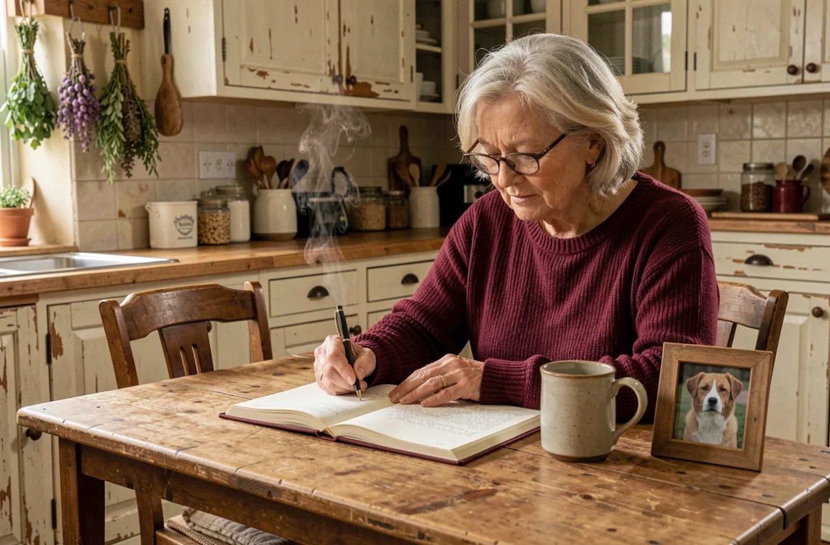 Femme âgée écrivant dans un journal de rêves à une table en bois avec une photo de chien, évoquant l'interprétation spirituelle des rêves