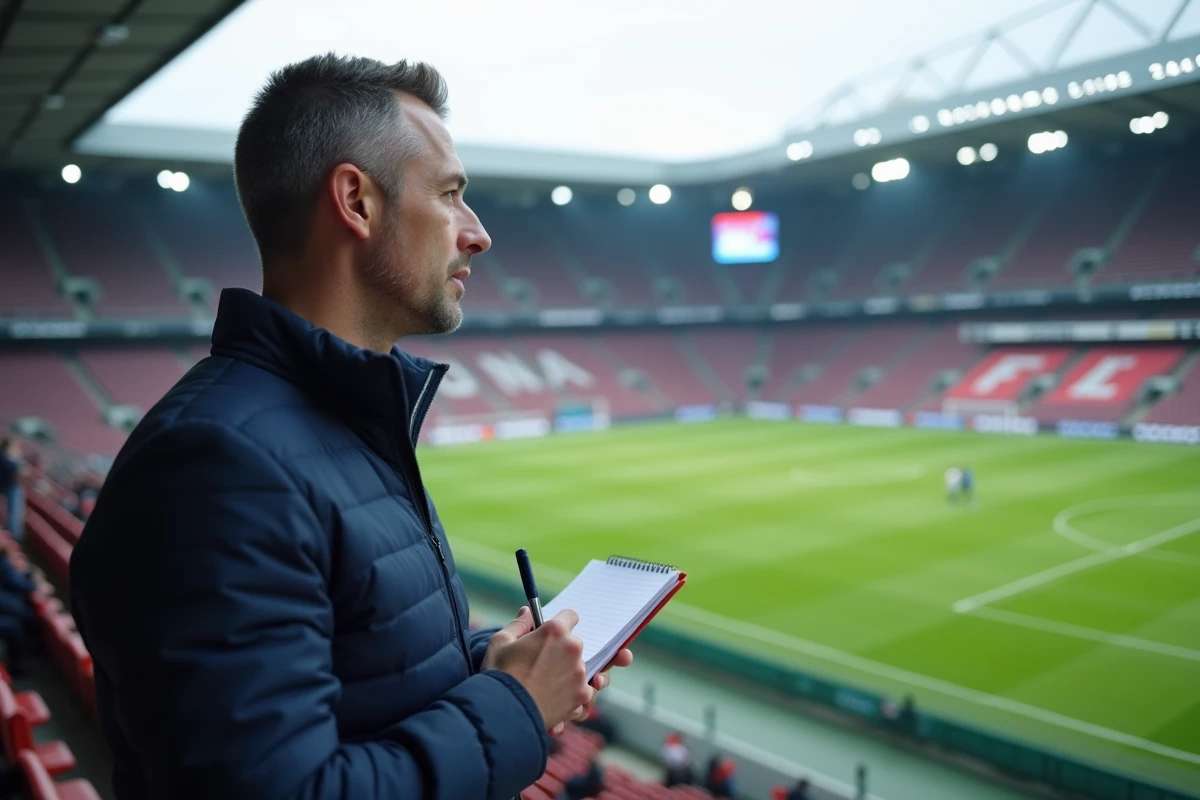 Journaliste sportif dans un stade en pleine action