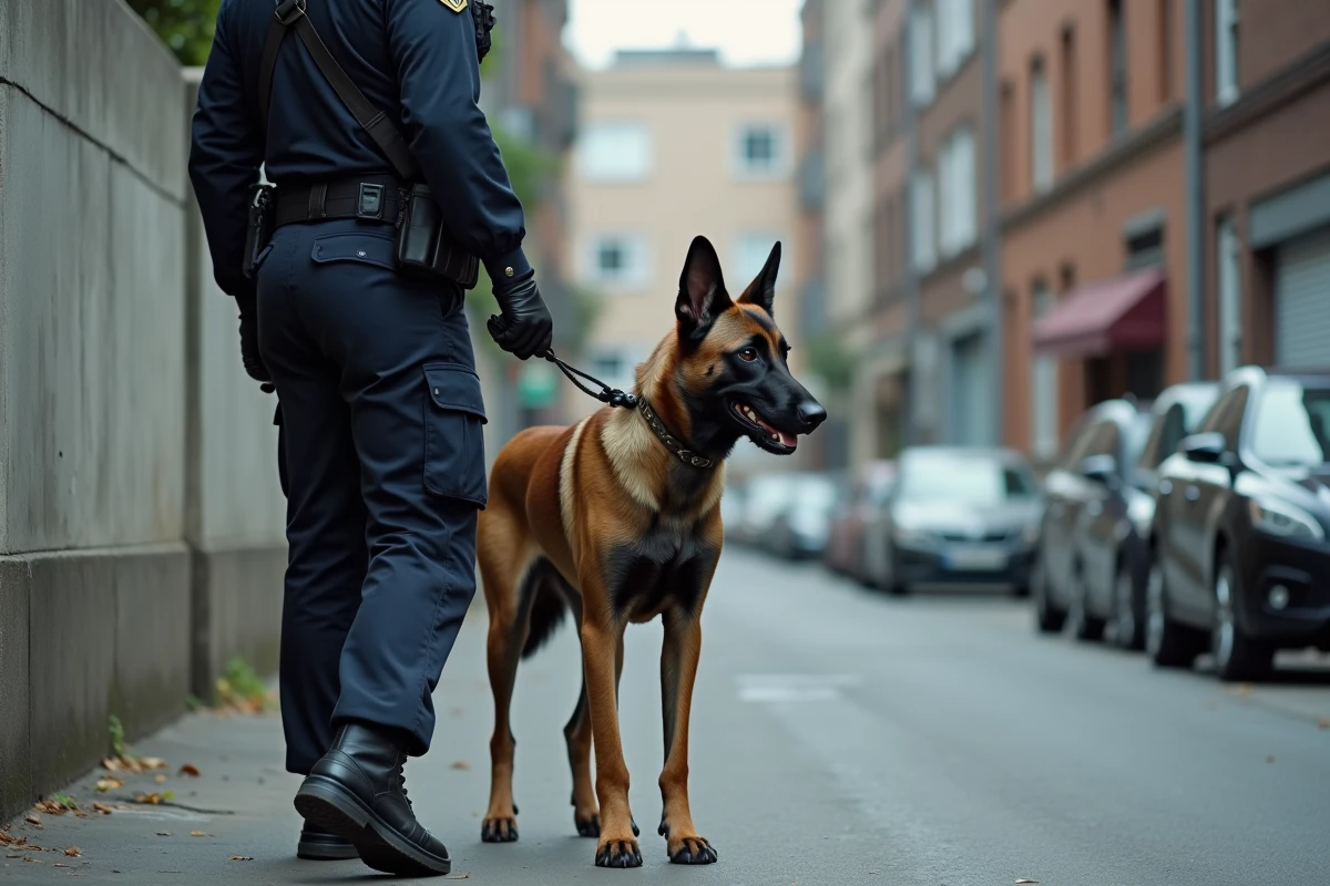Malinois belge en service aux côtés d'un policier en milieu urbain, montrant la morphologie et la puissance caractéristiques de la race