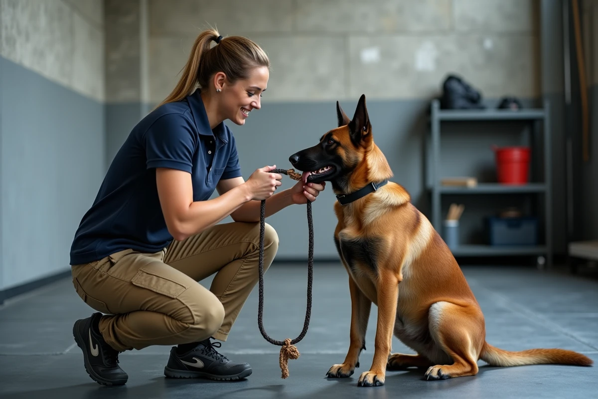 Éducatrice canine travaillant avec un Malinois belge sur un exercice de mordant, mettant en valeur la force de la mâchoire du chien en intérieur