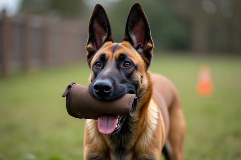 Malinois belge mordant un manchon d'entraînement lors d'une session de travail en plein air, illustrant la puissance de mâchoire de la race
