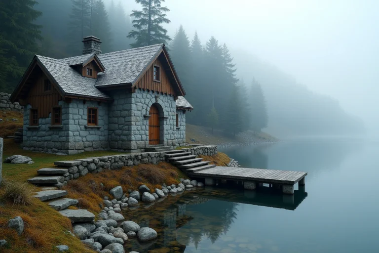 Manoir médiéval en pierre au bord d'un lac alpin brumeux entouré de forêts de pins, style nordique inspiré de Skyrim
