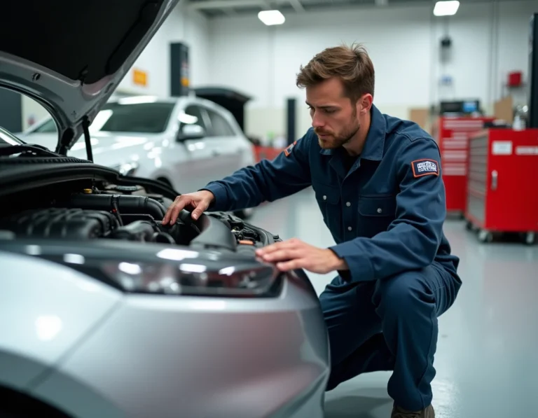 Mécanicien professionnel inspectant le moteur d'une voiture dans un garage automobile moderne et bien équipé