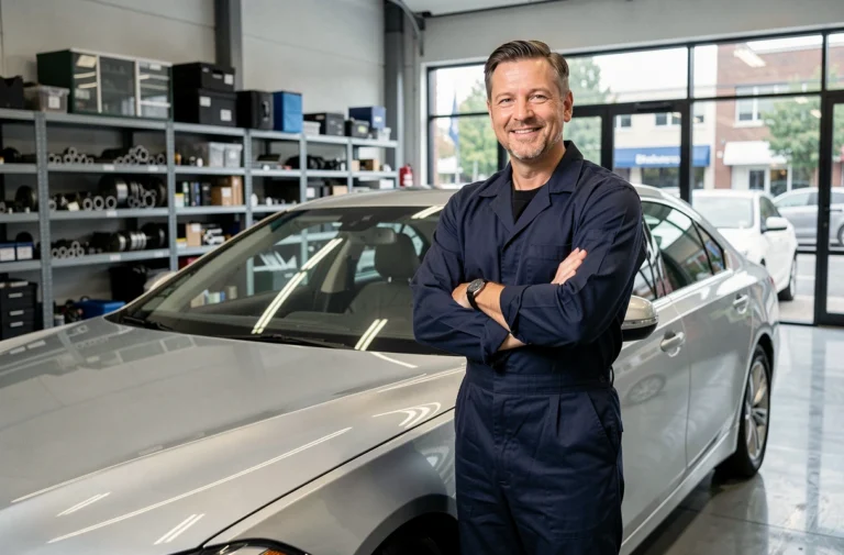 Mécanicien professionnel en combinaison dans un garage automobile moderne à Naninne, présentant une voiture à un client