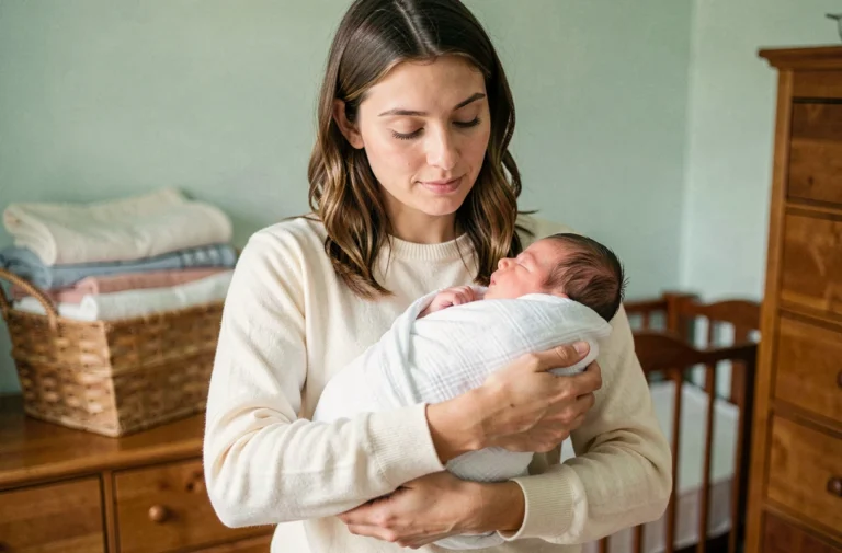 Jeune mère tenant tendrement son nouveau-né dans une chambre de bébé chaleureuse et apaisante