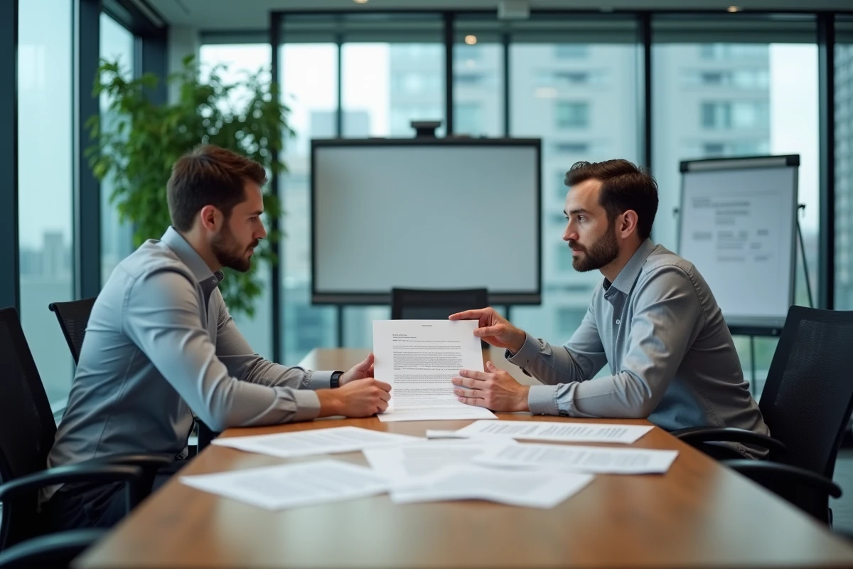 Deux professionnels examinant les clauses d'un contrat CDI en salle de réunion