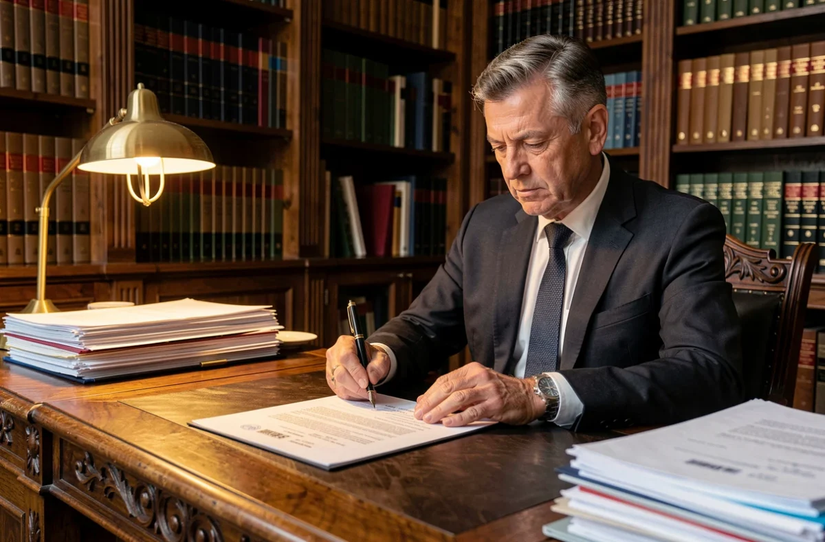 Notaire signant un acte de vente immobilier dans son étude traditionnelle