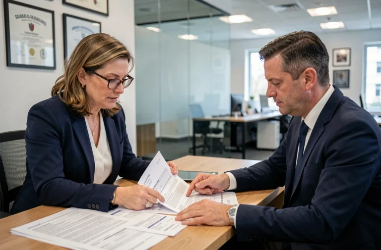 Conseillère bancaire et cliente examinant un dossier de prêt immobilier dans un bureau professionnel