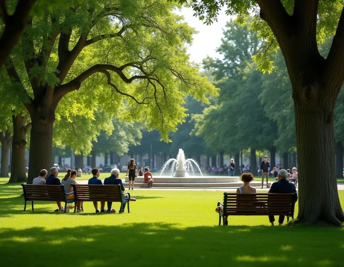 Parc urbain paisible à Bagneux avec habitants se reposant sous les arbres et fontaine centrale