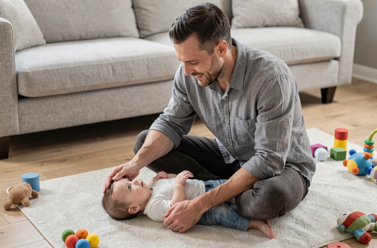 Père jouant avec son bébé de trois mois sur un tapis d'éveil dans un salon lumineux