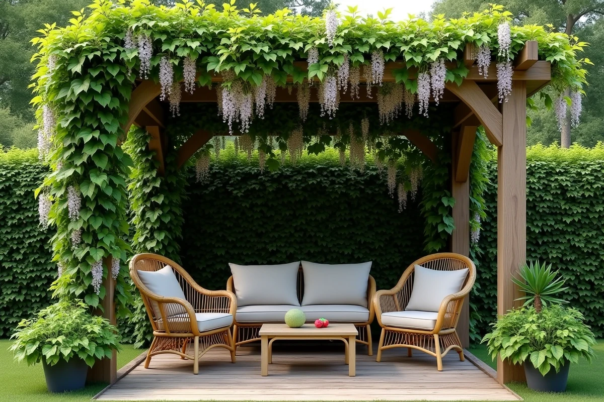 Pergola en bois recouverte de plantes grimpantes créant un îlot de fraîcheur dans un jardin