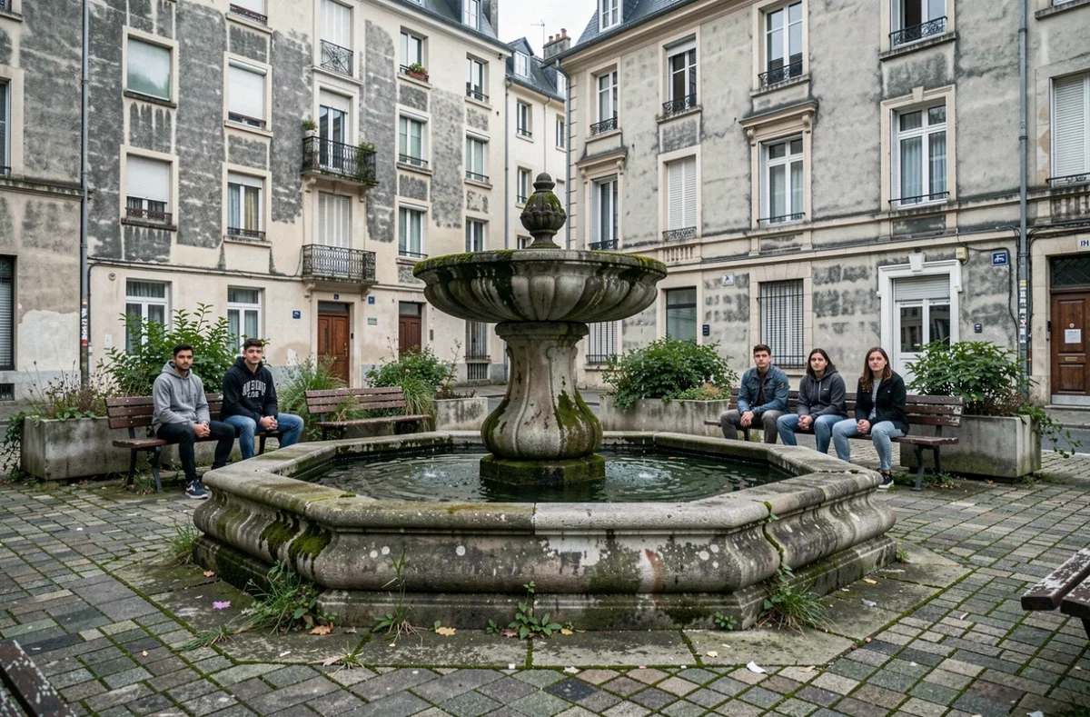 Place publique délabrée dans un quartier défavorisé de Blois avec immeubles dégradés en arrière-plan