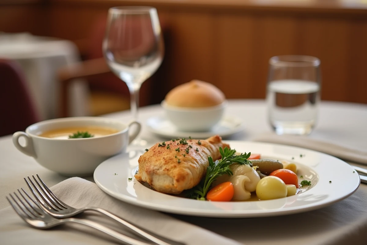 Plateau repas complet servi à un résident en résidence seniors Domitys avec entrée, plat chaud et dessert
