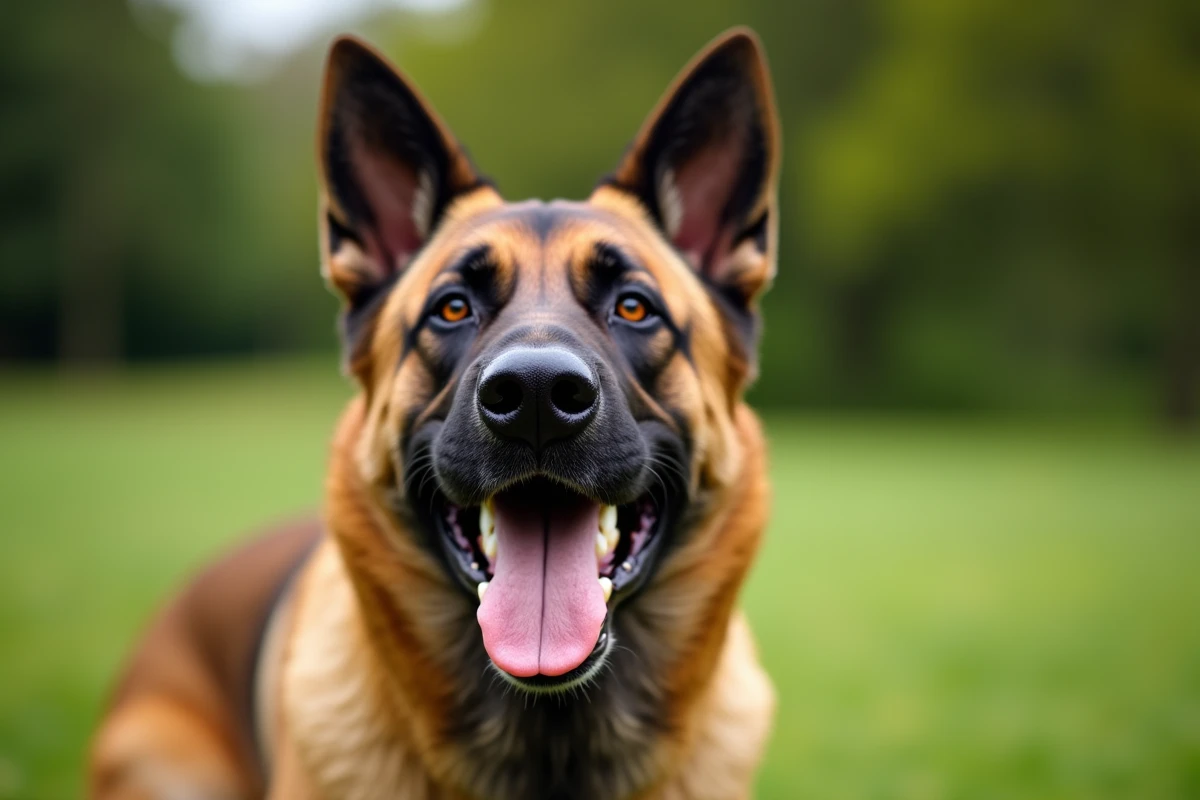 Portrait en gros plan d'un malinois belge montrant ses mâchoires et ses dents, illustration anatomique de la puissance de morsure