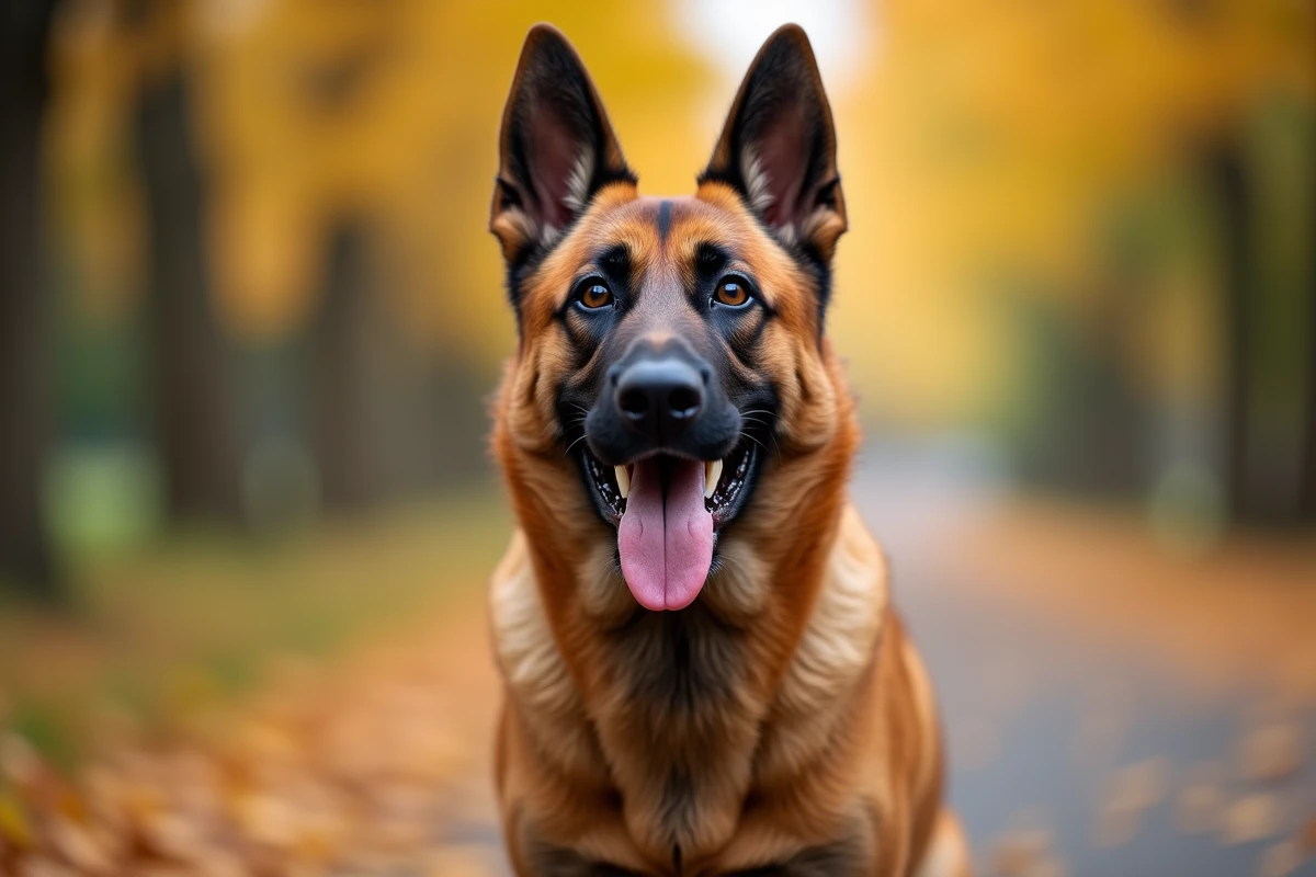 Portrait rapproché d'un Malinois belge en extérieur montrant la structure de sa mâchoire et ses dents, en contexte naturel automnal