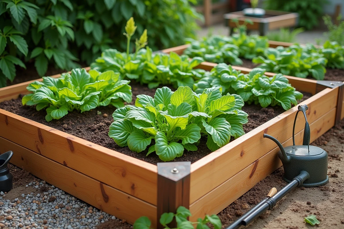 Potager surélevé en carrés avec légumes et herbes aromatiques dans un jardin résidentiel