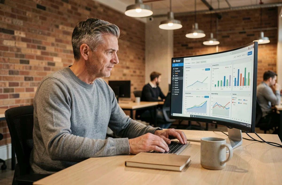 Professionnel du marketing analysant des données publicitaires sur un moniteur dans un espace de coworking