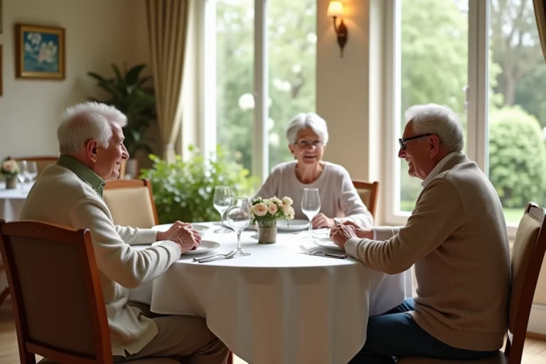 Salle à manger d'une résidence Domitys avec des seniors attablés pour le déjeuner dans un cadre chaleureux et convivial