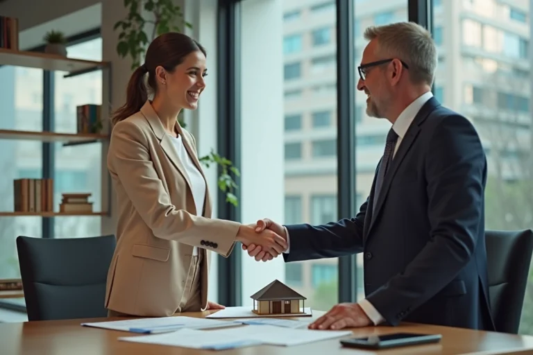 Femme confiante en blazer beige serre la main d'un homme d'affaires