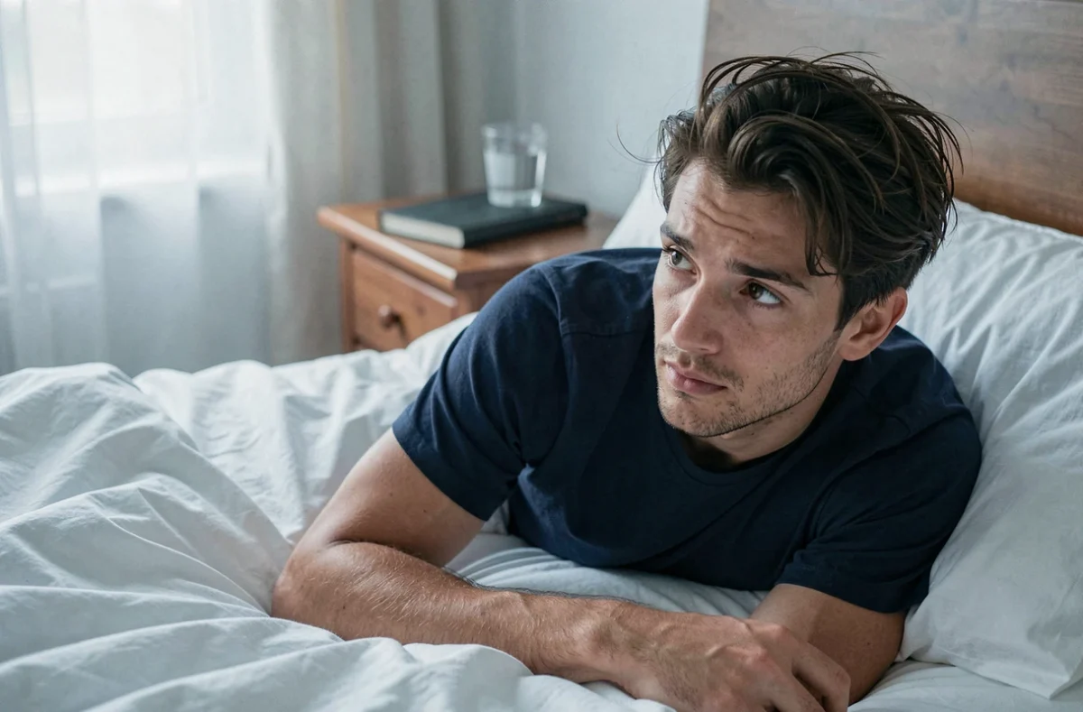 Jeune homme pensif au réveil dans son lit, symbolisant la réflexion sur les rêves et leur signification spirituelle
