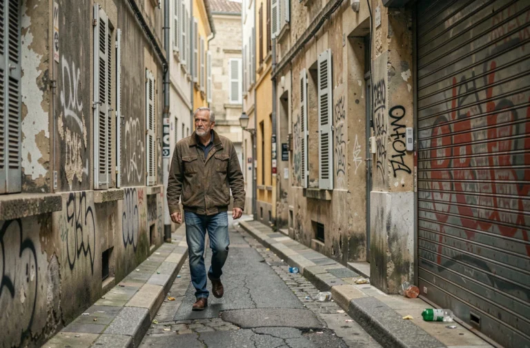 Rue étroite et dégradée dans un quartier populaire de Blois avec bâtiments anciens et graffitis