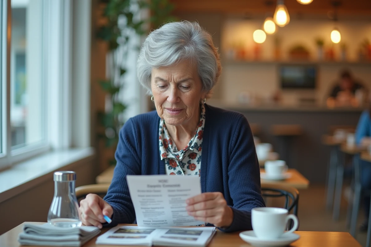 Résidente senior consultant le menu hebdomadaire de sa résidence Domitys avant le déjeuner