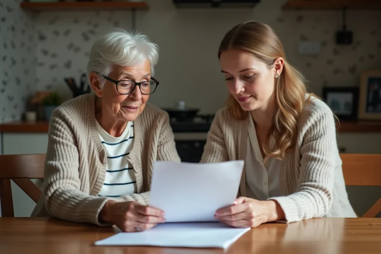 Femme âgée avec conseiller financier à la maison