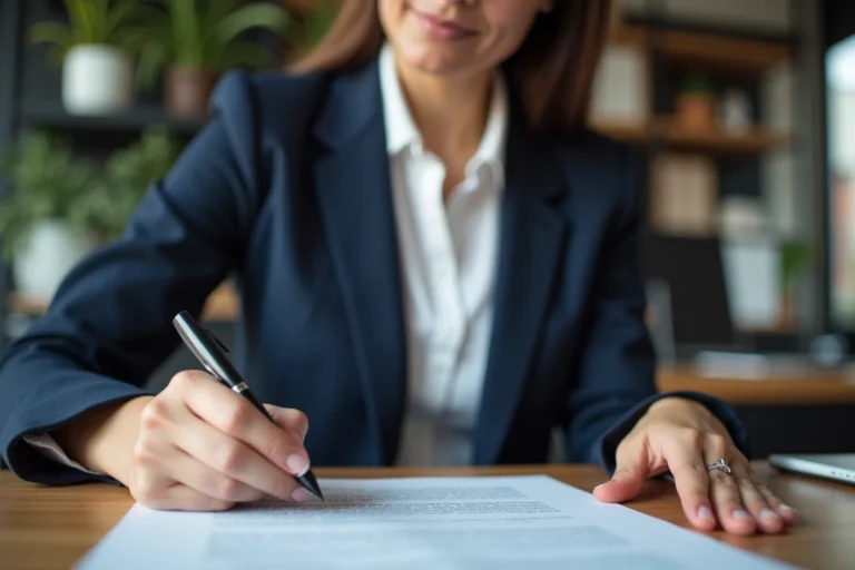 Femme professionnelle signant un contrat de travail CDI dans un bureau moderne