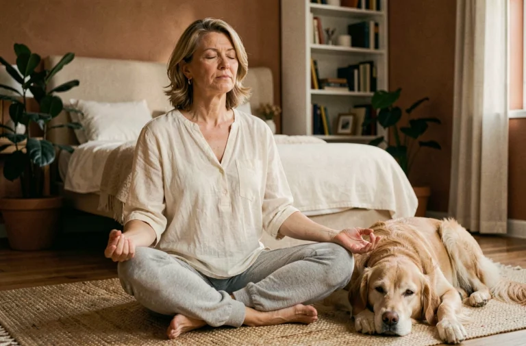 Femme méditant avec un chien golden retriever à ses côtés, symbolisant la connexion spirituelle et l'interprétation des rêves