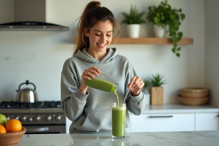 Femme versant un smoothie vert dans un verre dans une cuisine lumineuse