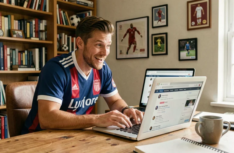 Supporter de l'OL en maillot lyonnais consultant un forum de fans sur son ordinateur portable à la maison