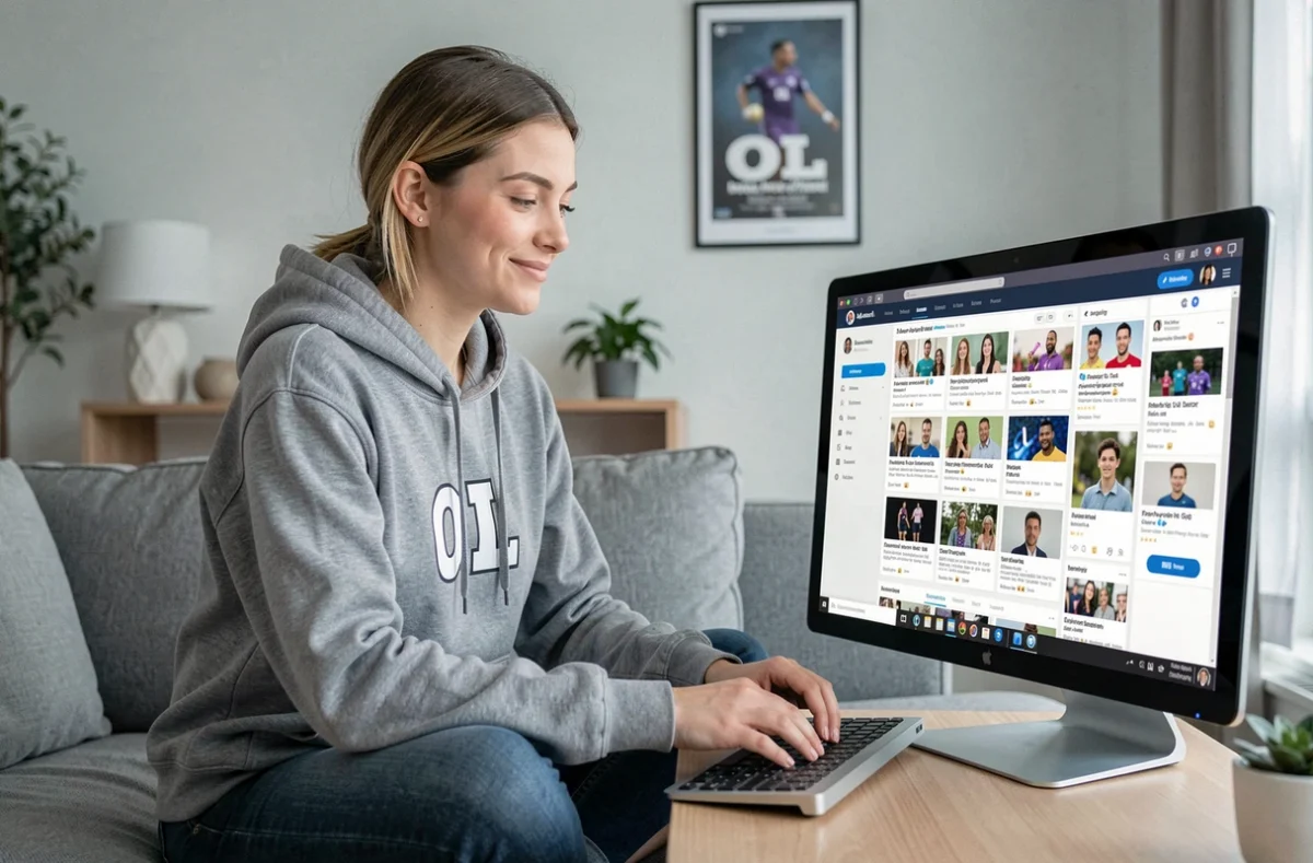 Jeune femme supportrice de l'OL parcourant un forum communautaire de fans depuis son salon moderne