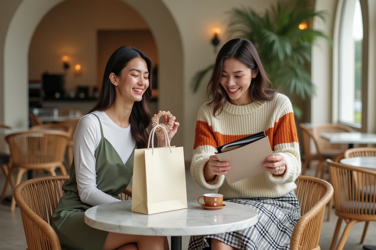 Deux amies tendance attablées dans un café chic entourées de sacs de shopping, examinant des accessoires de mode originaux