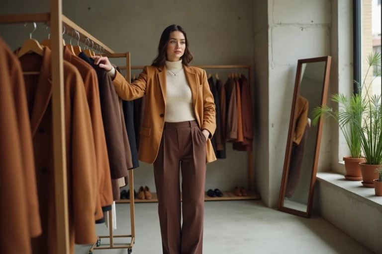 Femme élégante en blazer camel oversize feuilletant un portant de vêtements tendance dans une boutique parisienne minimaliste
