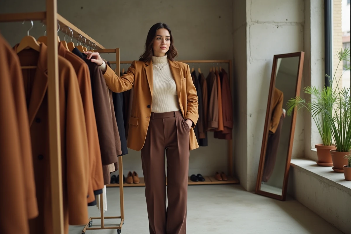 Femme élégante en blazer camel oversize feuilletant un portant de vêtements tendance dans une boutique parisienne minimaliste
