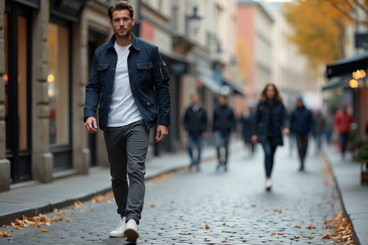 Homme stylé en veste utility marine marchant dans une rue commerçante pavée entourée de boutiques tendance en automne