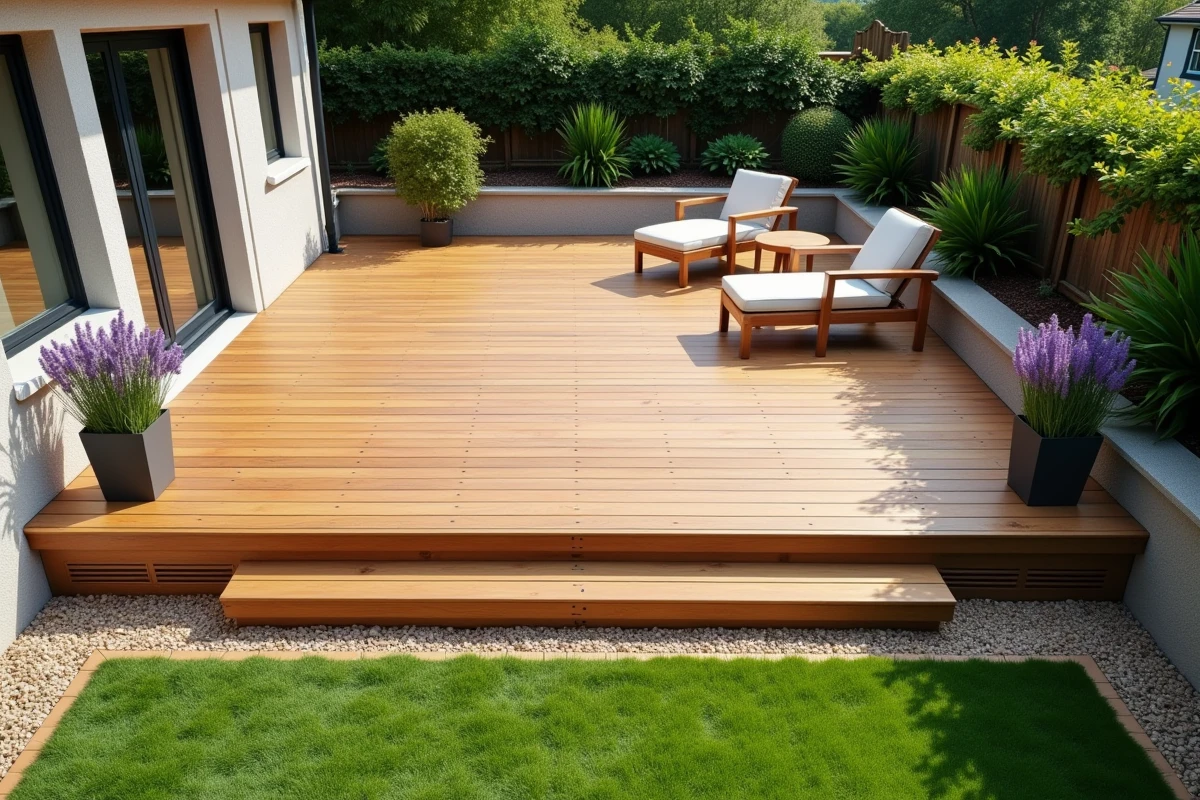 Terrasse en bois surélevée avec ventilation naturelle et accès par escalier dans un jardin résidentiel