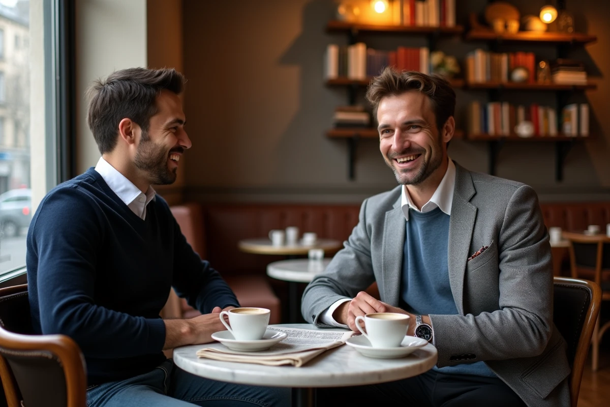 Deux hommes adultes partageant un moment intime dans un café parisien, illustrant la vie privée d'un couple dans un cadre authentique et chaleureux