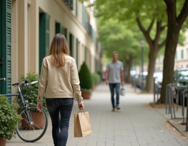 Femme se promenant dans une rue résidentielle de Bagneux avec immeubles modernes et arbres alignés